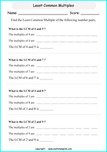 least common multiple LCM math worksheets for grade 1 to 6 