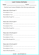 least common multiple LCM math worksheets for grade 1 to 6 