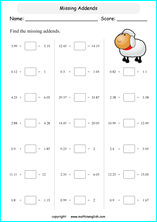 printable math addition of decimals  worksheets