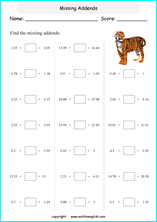 printable math addition of decimals  worksheets