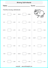 printable math decimal subtraction worksheets for kids in primary and elementary math class 