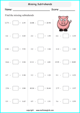 printable math decimal subtraction worksheets for kids in primary and elementary math class 