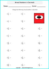 decimal into fractions worksheets for grade 1 to 6 