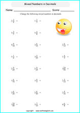 printable fraction conversion in decimals worksheets for kids in primary and elementary math class 