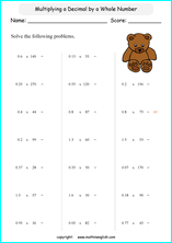 multiplying decimals grade 1 to 6 printable  worksheets 