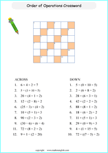 order of operations BODMAS crossword worksheets for grade 1 to 6 