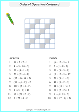 order of operations BODMAS crossword worksheets for grade 1 to 6 