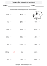 percentage decimals conversion math worksheets for grade 1 to 6 