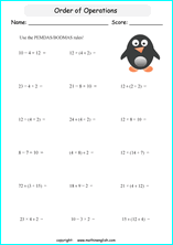 order of operations with positve integers and parentheses worksheets for grade 1 to 6 