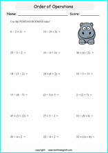 order of operations with positve integers and parentheses worksheets for grade 1 to 6 