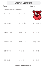 order of operations with positve integers and parentheses worksheets for grade 1 to 6 