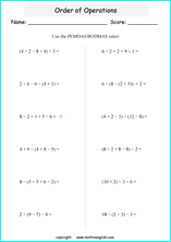 order of operations with positve integers and parentheses worksheets for grade 1 to 6 