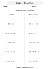 order of operations with positve integers and parentheses worksheets for grade 1 to 6 