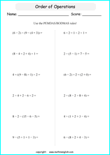 order of operations with positve integers and parentheses worksheets for grade 1 to 6 