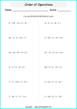 order of operations with positve integers and parentheses worksheets for grade 1 to 6 