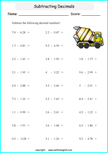 printable math decimal subtraction worksheets for kids in primary and elementary math class 