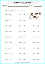 printable math decimal subtraction worksheets for kids in primary and elementary math class 