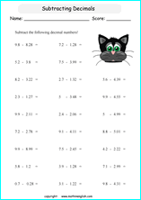 printable math decimal subtraction worksheets for kids in primary and elementary math class 