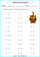 printable math unlike fraction subtraction worksheets for kids in primary and elementary math class 