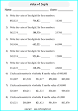 printable math place value of big number worksheets for kids in primary and elementary math class 