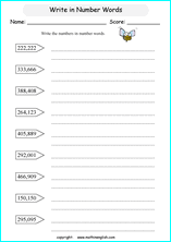 printable math writing and spelling large numbers worksheets