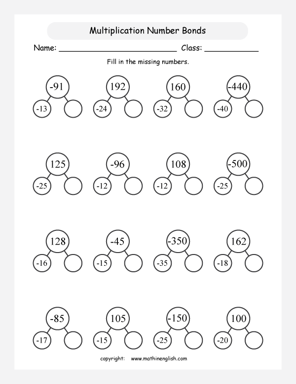 printable math multiplication of integers worksheets for kids in primary and elementary math class 