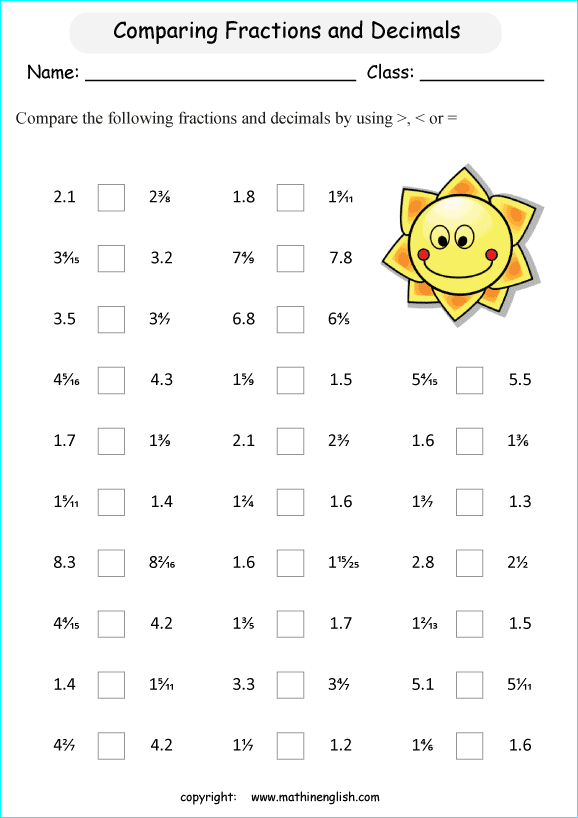 decimal into fractions worksheets for grade 1 to 6 