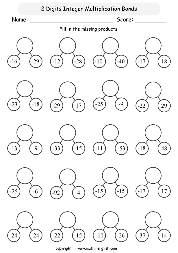 printable math multiplication of integers worksheets for kids in primary and elementary math class 