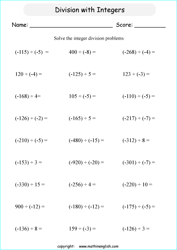 printable math dividing integers worksheets for kids in primary and elementary math class 