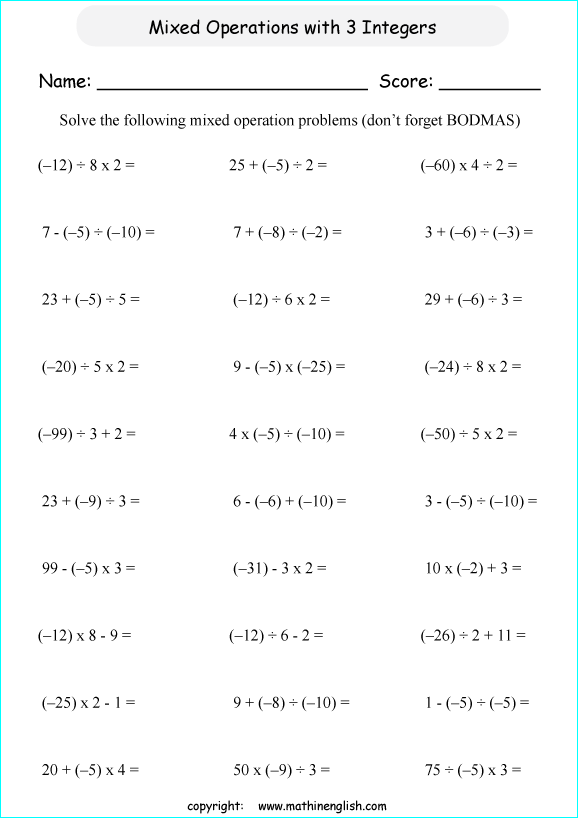 mixed operation with integers worksheets for primary math