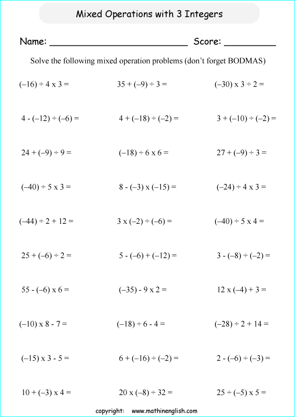 mixed operation with integers worksheets for primary math