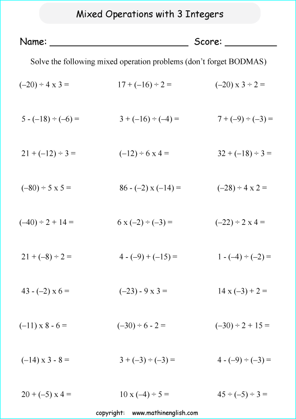 mixed operation with integers worksheets for primary math