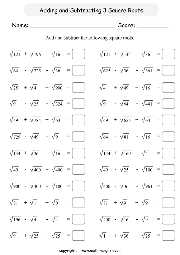 Square Root 7th Grade Math Worksheets. Square. Best Free Printable