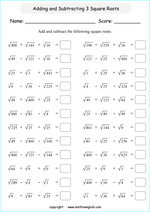 adding and subtracting square roots math worksheets for grade 1 to 6 