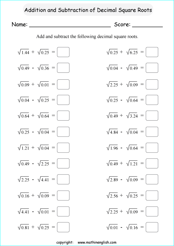 square roots of decimals math worksheets for grade 1 to 6 
