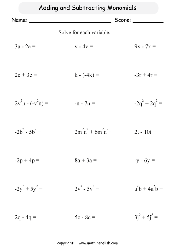 solving algebraic expressions worksheets for primary math