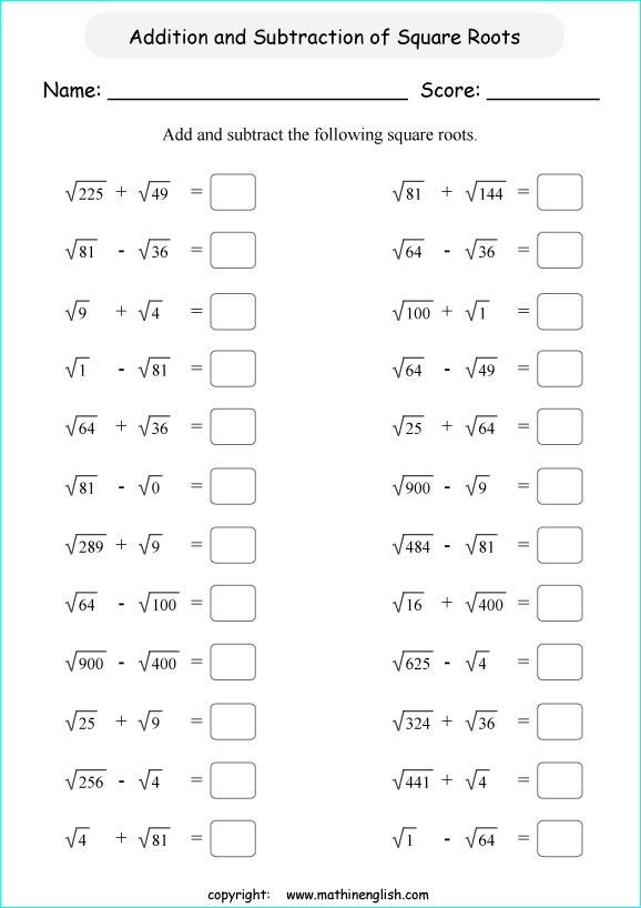 adding and subtracting square roots math worksheets for grade 1 to 6 