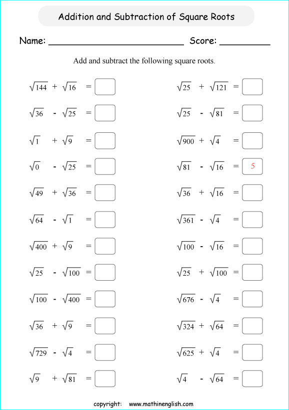 adding and subtracting square roots math worksheets for grade 1 to 6 