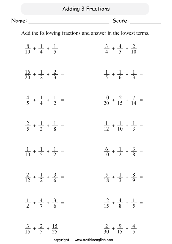 printable math addition unlike fractions worksheets