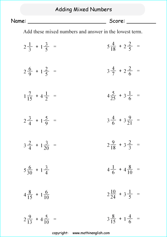 printable math addition unlike fractions worksheets