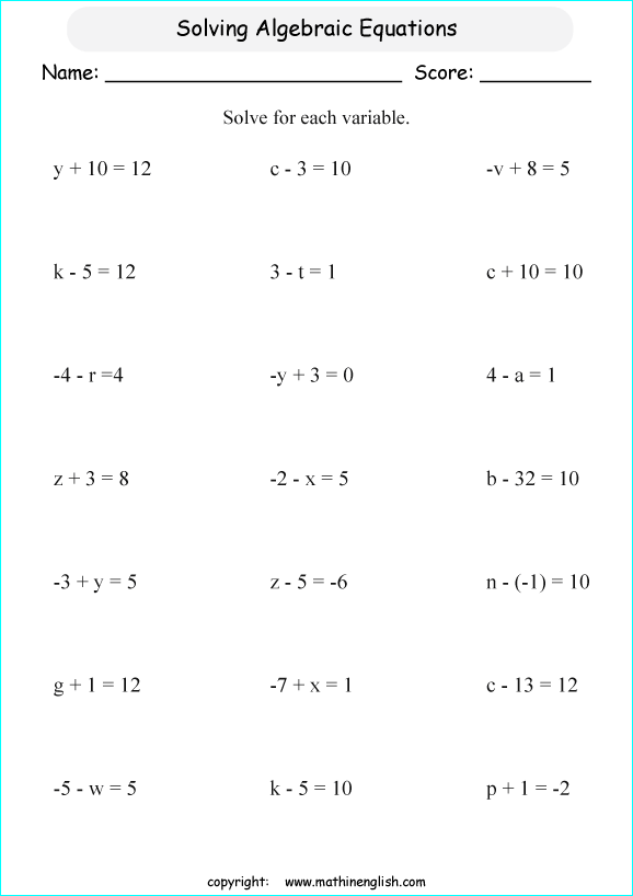 solving algebraic expressions worksheets for primary math