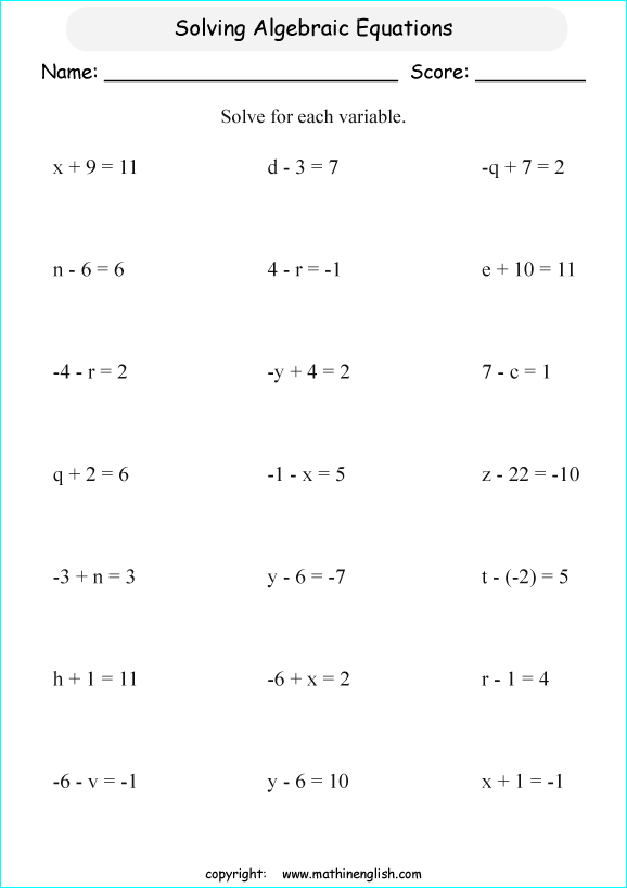 solving algebraic expressions worksheets for primary math