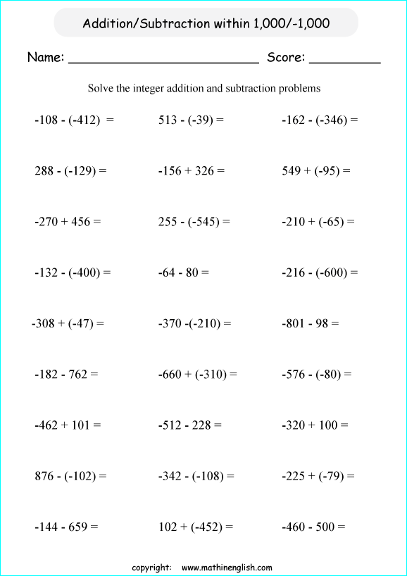 printable math integer subtraction worksheets for kids in primary and elementary math class 