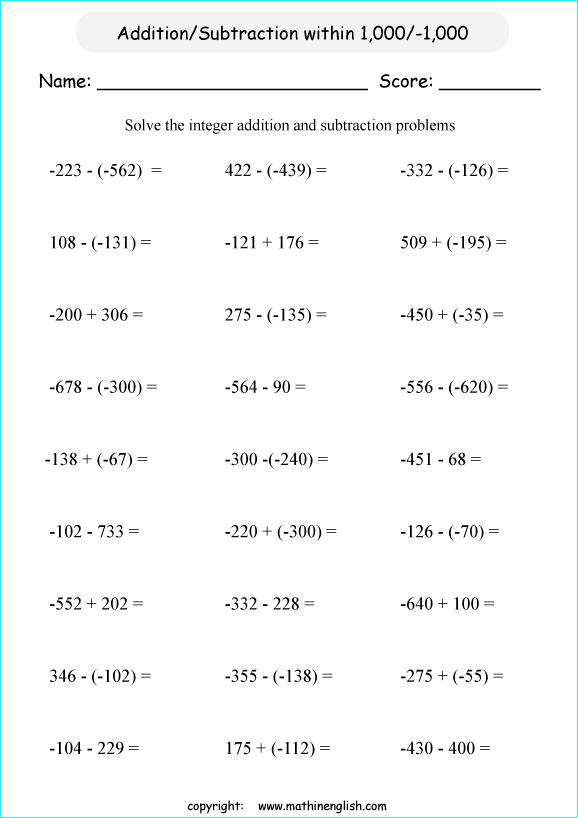 printable math integer subtraction worksheets for kids in primary and elementary math class 