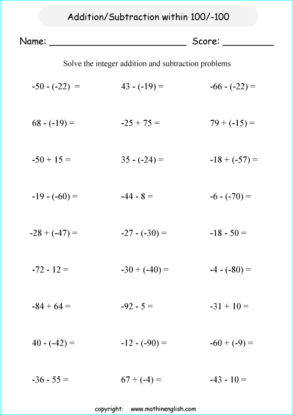 addition subtraction of integers worksheets for primary math