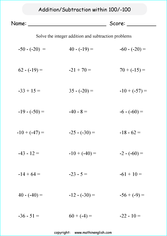 addition subtraction of integers worksheets for primary math