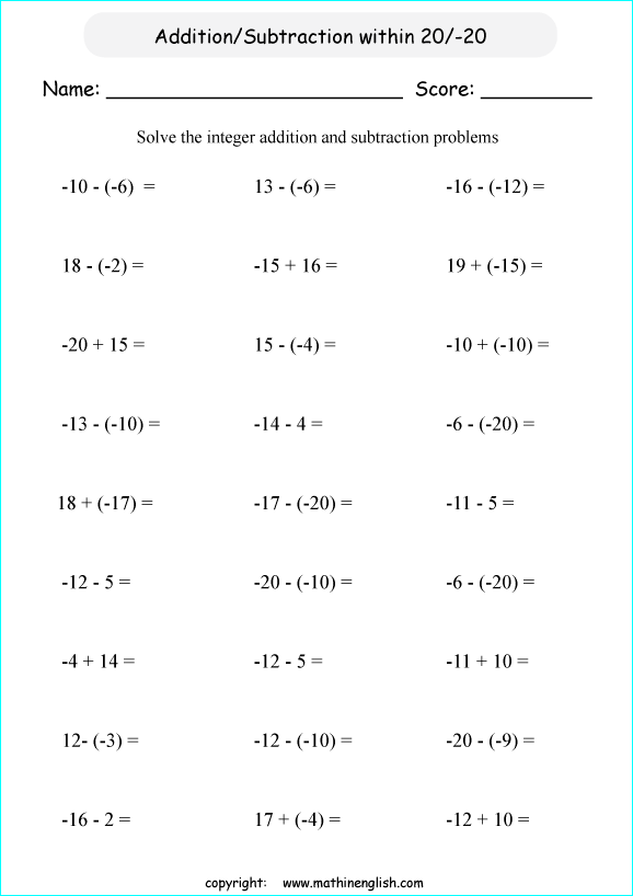 addition subtraction of integers worksheets for primary math