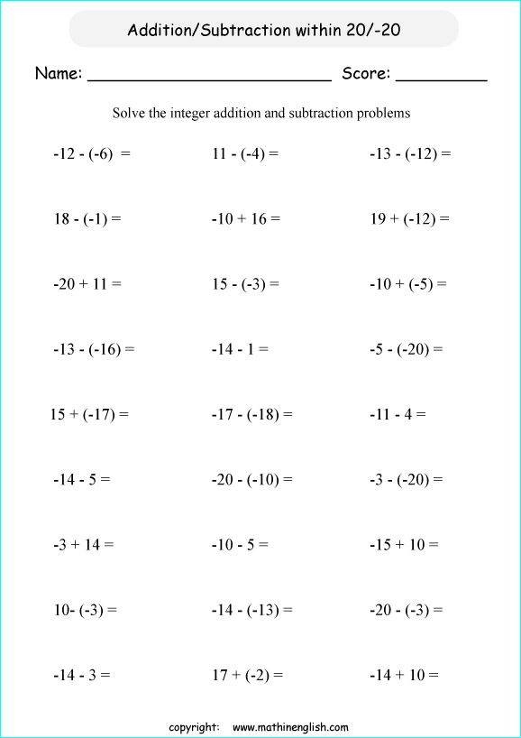 printable math integer subtraction worksheets for kids in primary and elementary math class 