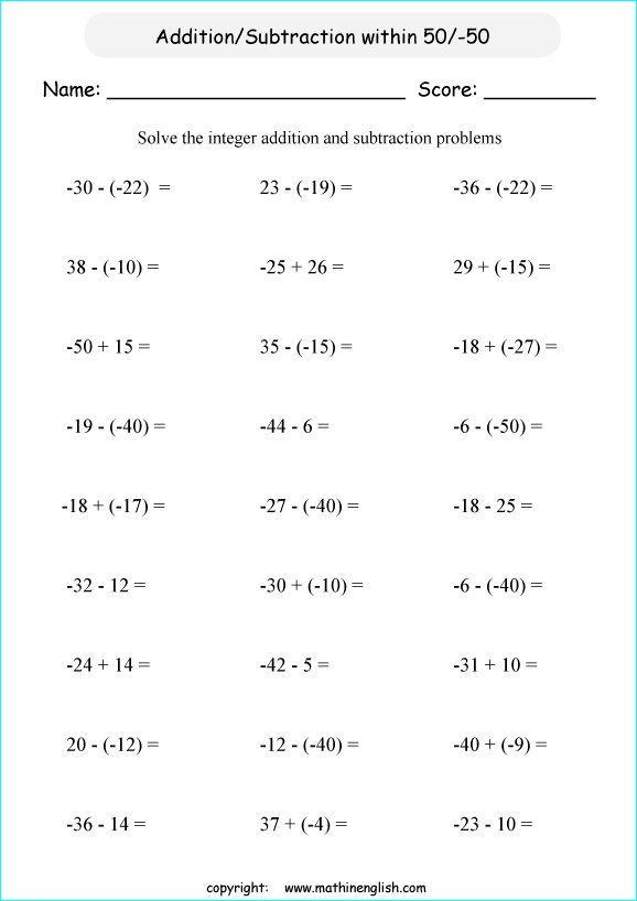 printable math integer subtraction worksheets for kids in primary and elementary math class 