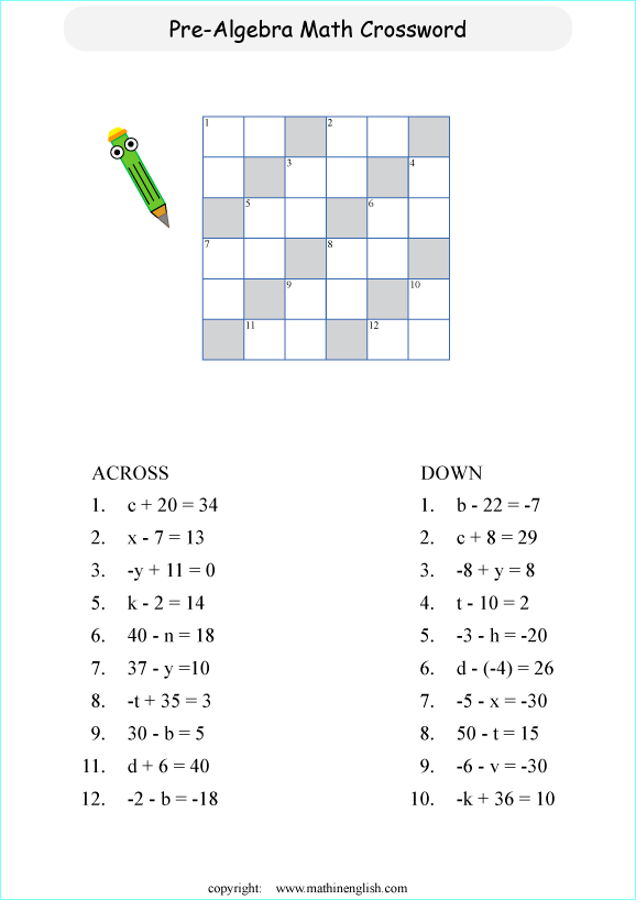 pre algebraic crossword puzzles worksheets for primary math